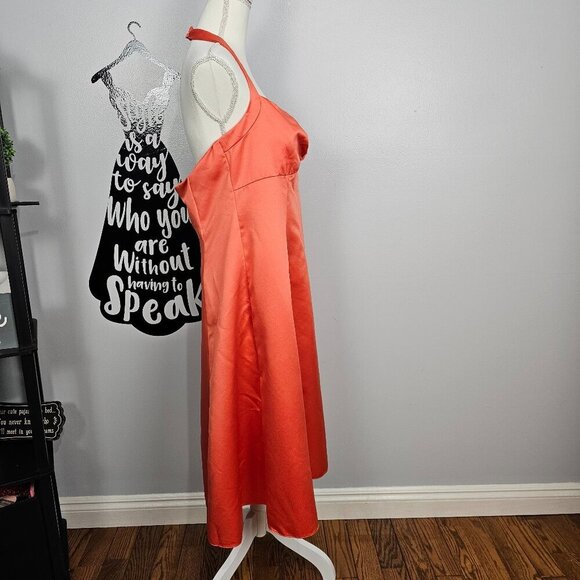 David's Bridal Halter Embellished A-Line Full Tangerine Midi Bridal Prom Gown - Picture 4 of 9